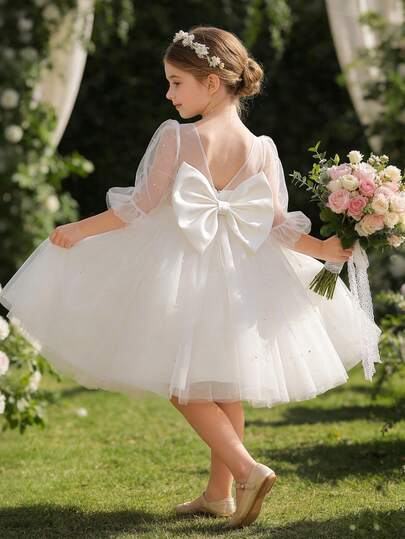 年轻女孩优雅连衣裙蝴蝶结花童连衣裙公主裙，适合小女孩婚礼、派对、生日、舞会、重要场合