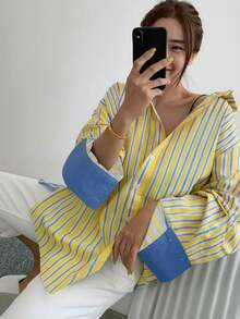 女款寬鬆條紋鈕扣襯衫，休閒隨性風格對比袖口長袖女裝上衣，適合春夏季 - 黃色 - 查看 2