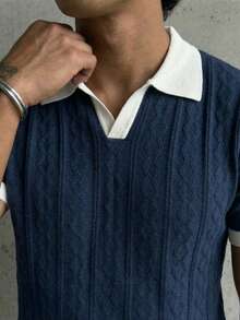 GRDR Men's Lightweight Seagull Collar Solid Color Short Sleeve Knit Sweater, Suitable For Summer Outings, Essential For Fashionable Styling - Navy Blue - View 4