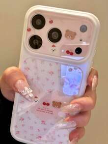 Cute Bow Teddy Bear & Apple Full Screen Pink Tulip Phone Case, Fashionable New TPU Protective Back Cover Gift For IPhone 17 Pro Max, 16, 15, 14 Pro Max - Pink - View 2