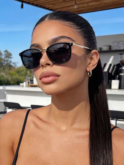 Vintage Polarized Black Retro Rectangle Sunglasses For Women Men, Metal Frame With Rivets Fashion Shades, Summer Holiday Essential For Beach Travel & Driving