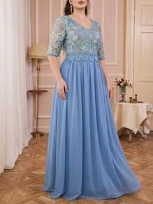 Solessence Vestido de noche de gasa con cuello en V, bordado en contraste y dobladillo de manga media, para fiesta, boda, invitada de boda, vestido de noche, Día de San Valentín - Azul - Ver 1