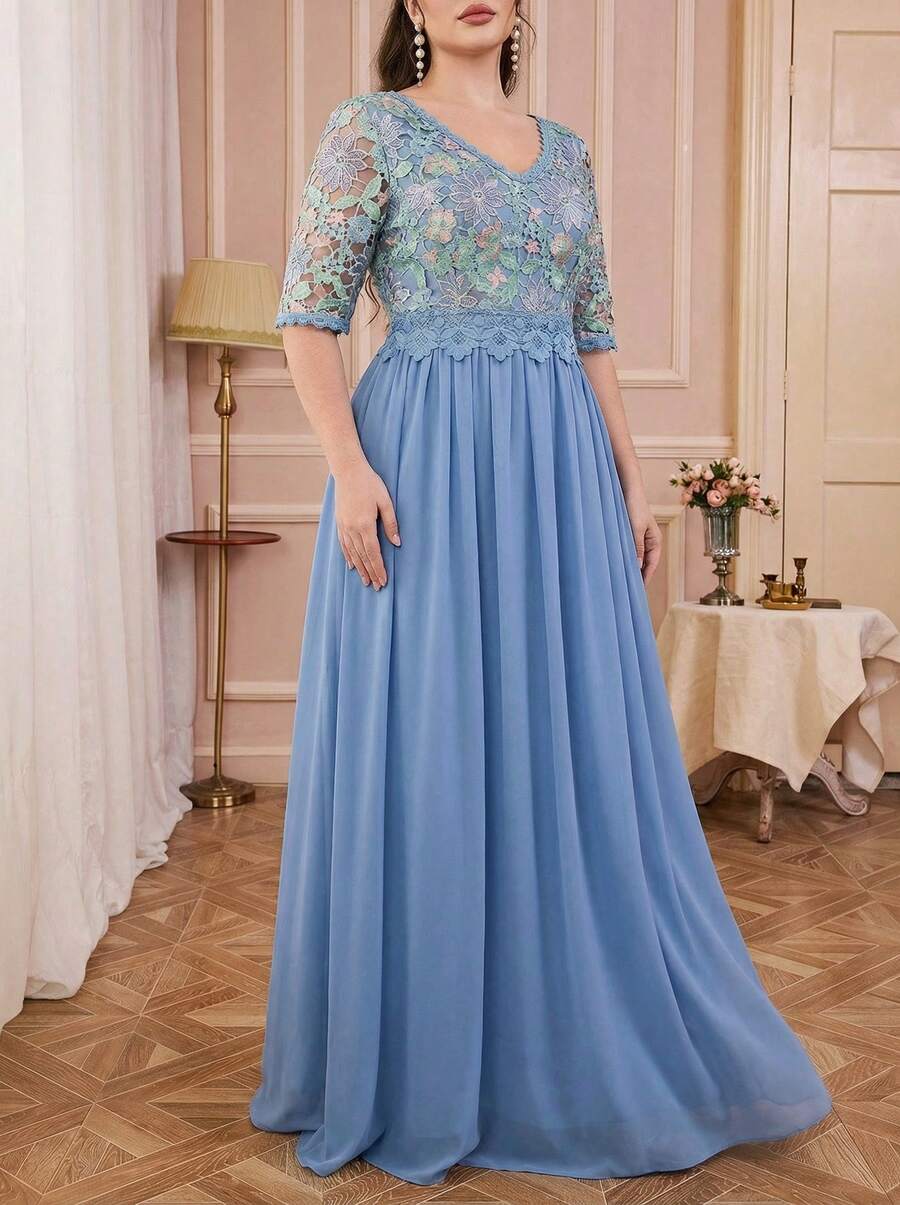 Solessence Vestido de noche de gasa con cuello en V, bordado en contraste y dobladillo de manga media, para fiesta, boda, invitada de boda, vestido de noche, Día de San Valentín - Azul - Ver 1