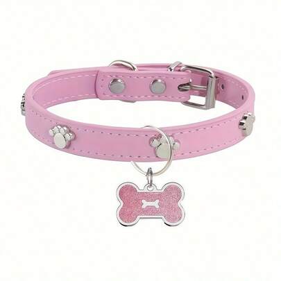 真皮狗项圈，配骨头形状宠物牌，爪印防走失设计，金属装饰，时尚狗项圈配饰，小型和中型犬的完美宠物礼物
