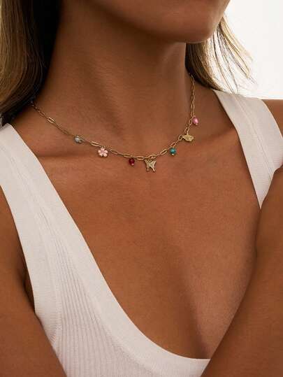 1pc Women's Necklace, Bohemian Beach Tassel Layered Style, Copper Zirconia Heart, Ballet Shoe, Football Pendant, Colorful Natural Stone Turquoise Beads, Paperclip Chain, Daily Accessory Gift