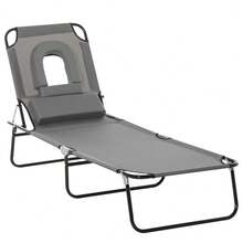 Sun Lounger With Face Opening And Cushion, Foldable, Water-Repellent Cover, Metal Frame, Dark Grey. - Dark Gray - View 5
