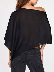 Women Knit Poncho Loose Solid Boat Neck Asymmetrical Coverup Tops Casual Shrug Sweaters - Black - View 4