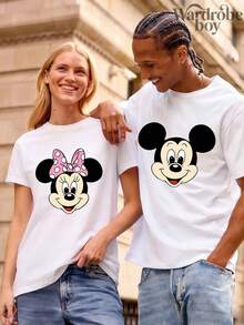 Disney 1PC Short Sleeved Round Neck Printed T-Shirt,  And  Couple T-Shirts,Couple Outfit   Print T-Shirt, 2026 New Model, Family Vacation Travel T-Shirt, Father's Day And Mother's Day T-Shirt, Parents' Gift, High-Quality Pure Cotton T-Shirt, Suitable For All Seasons, Comfortable And Breathable | Exquisite Design | The Best Choice For Gift Giving - 白人 - 查看 1