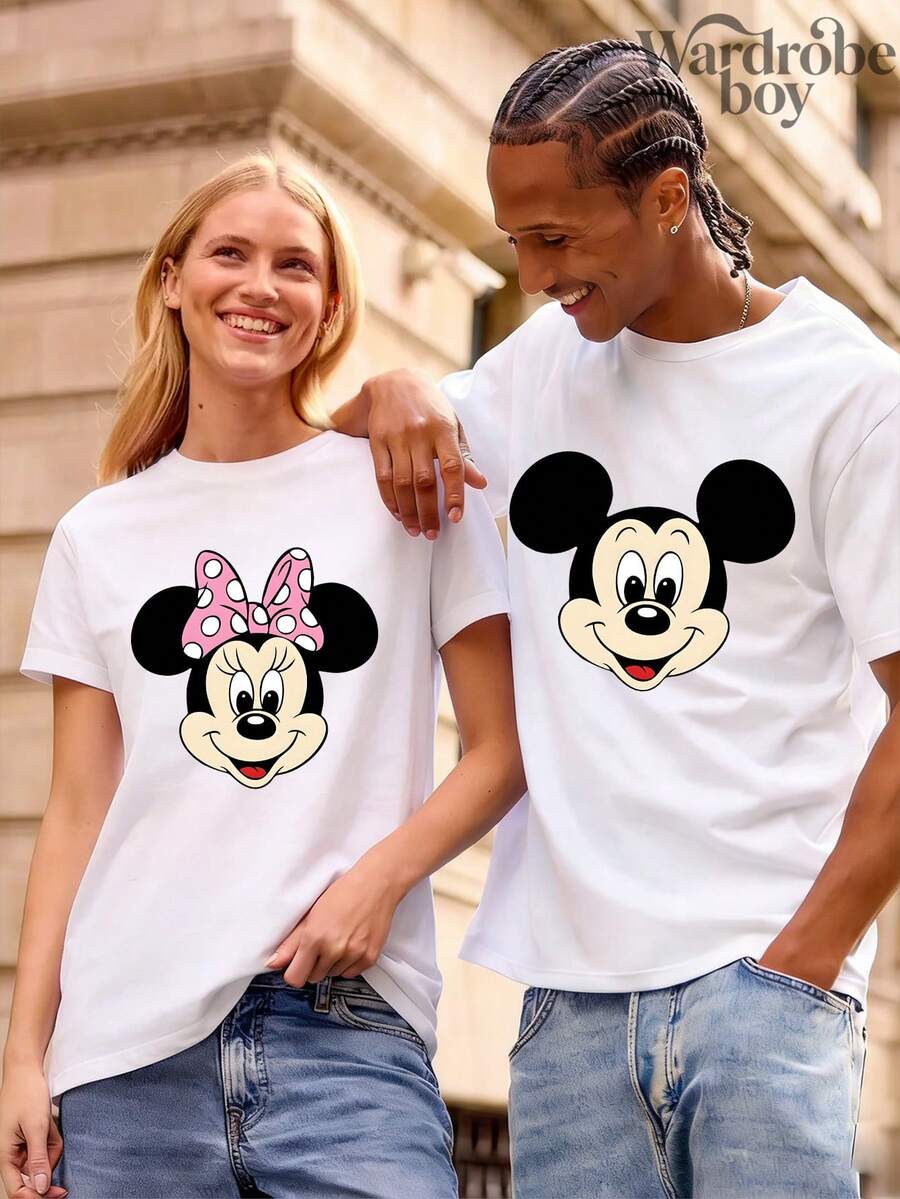 Disney 1PC Short Sleeved Round Neck Printed T-Shirt,  And  Couple T-Shirts,Couple Outfit   Print T-Shirt, 2026 New Model, Family Vacation Travel T-Shirt, Father's Day And Mother's Day T-Shirt, Parents' Gift, High-Quality Pure Cotton T-Shirt, Suitable For All Seasons, Comfortable And Breathable | Exquisite Design | The Best Choice For Gift Giving - 白人 - 查看 1