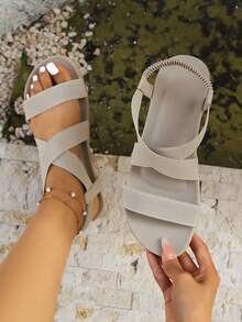 Women's Summer New Elegant & Comfortable Striped Elastic Band Beach Holiday Flat Sandals, Plus Size - Beige - View 2