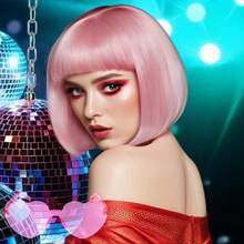 Colorful Rainbow Neon Bob Wig & Fashion Glass Cosplay Wigs With Gradient Color Wig,Showcases A Distinctive Style,Synthetic Wig For Costume Hair For Anime Themed Events, Birthday Parties,Neon Party Favors - 粉色 - 查看 2
