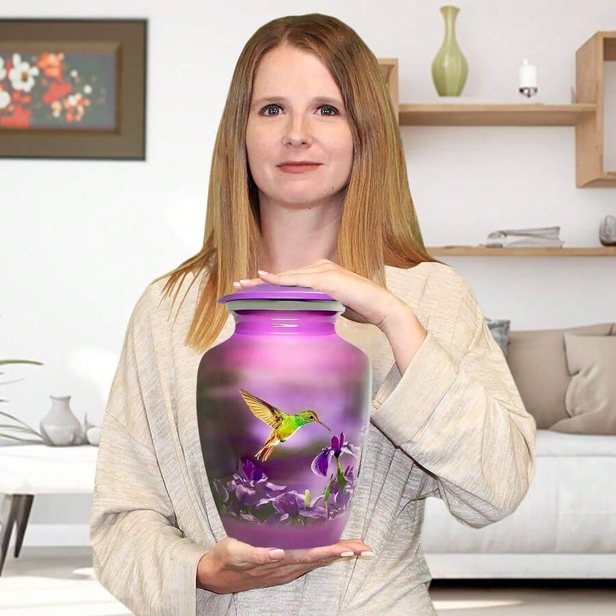 Memorials Urns For Human Ashes Adult Female And Male, Decorative Burial Urn, Funeral Cremation Urns For Women And Men - Large Hummingbird - Purple - View 1