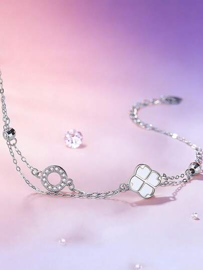 1pc S925 Sterling Silver Double-Layer Lucky Four-Leaf Clover Bracelet, Minimalist Unique Hollow Circle Ins Style Jewelry, Suitable For Girls, Fashion Jewelry Gift For Graduation, Birthday, Best Friend