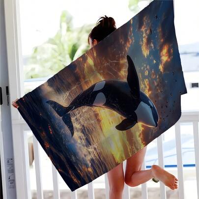 1pc Orca Printed Beach Towel, Soft Comfortable Lightweight Beach Towel, Suitable For Travel, Swimming, Diving, Surfing, Yoga, Camping, Beach Accessories