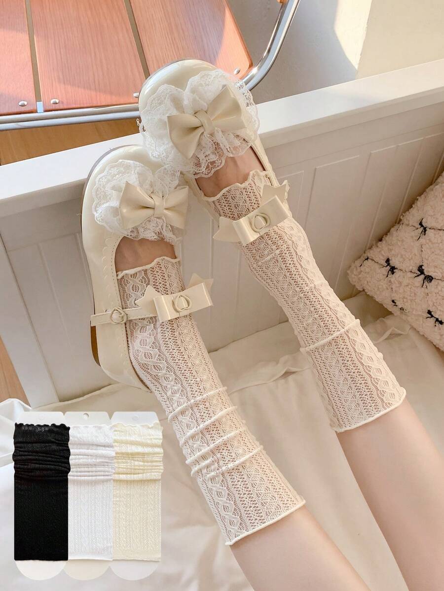 1/2/3双装白色过膝长筒袜,蕾丝袜,适合搭配高筒靴,春夏过膝长筒袜 - 彩色 - 查看 1