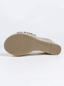 Women's Wedge Sandals, Thick Sole, Rhinestone Decor, Plus Size Fashion Slippers - Champagne - View 11