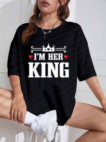 Camiseta Unisex 100% Algodón para Parejas de San Valentín - Aniversario de Bodas - Su Reina Su Rey, Camiseta Gráfica Casual de Cuello Redondo y Manga Corta para Hombre y Mujer - Negro - Ver 6