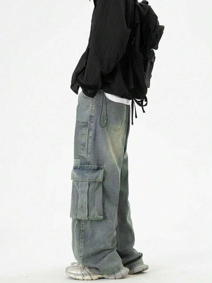 Men's Fashionable Washed Cargo Jeans - Light Wash - View 1