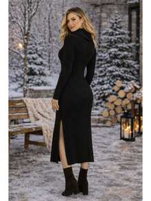 Midi Dress With A Cowl Neck, Long Sleeves, Side Slits, Knit Fabric. - 黑色 - 查看 2