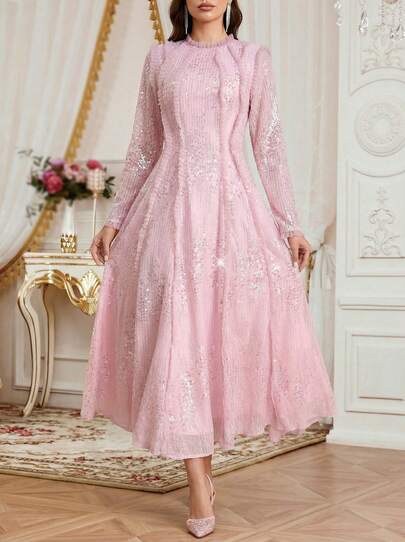 Solessence 法式复古奢华亮片刺绣网眼荷叶边修身时尚年轻女士连衣裙