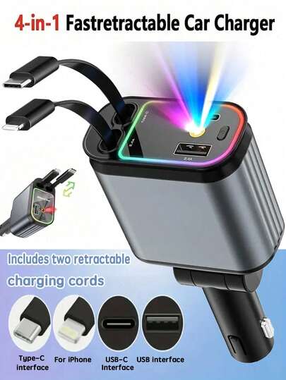 四合一可伸缩车载充电器 - 120W 快速车载手机充电器，带可伸缩线缆（80厘米）和 2 个 USB 端口，适用于 Lightning 和安卓设备