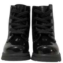 Girls' Ankle Boots, Lace-Up Tractor Sole Boots, Patent Leather Military Style, Youth Ankle Boots, New Release, Comfortable, Winter Fashion - 黑色靴子 - 查看 5