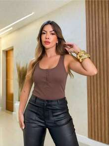 Women's Cotton Tank Top With Button Closure (Runs Slightly Small, We Recommend Ordering One Size Larger). - Brown - View 2