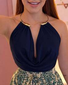 Women's Bodysuit With Cowl Neckline, Draped Detail, And Gold Choker - Elegant And Sensual For Parties, Clubs, And Parties - 藍色 - 查看 1