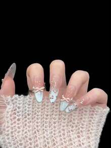 10片可爱粉色豹纹腮红法式猫眼美甲蝴蝶结手工亚克力按压式假指甲，长杏仁形，附赠果冻胶和指甲锉，DIY美甲用品，适合情人节、音乐节、学校旅行等场合。手工按压式假指甲 - 彩色 - 查看 4