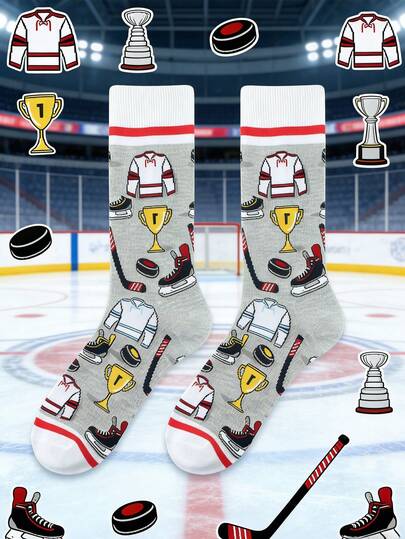 1 Pair Unisex Ice Hockey Themed Socks - Cartoon Jersey, Hockey Puck And Trophy Patterns, Creative And Unique Daily Casual Socks, Ideal Gift For Ice Hockey Fans And Sports Enthusiasts, Fashionable Leisure Socks For All Year Round