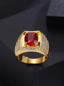 Anillo de boda de lujo para hombres con circonita roja incrustada, joyería de lujo de moda, propuesta de compromiso - Regalo del Día de San Valentín para él, celebración de fiesta - Rojo - Ver 8