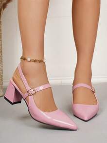 SRSOO 2026春夏新款尖头粗跟凉鞋，百搭包头绑带高跟凉鞋，女士 - 粉色 - 查看 4