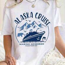 Women's Alaska Cruise Vacation Graphic Tee - Royal Blue Travel Shirt With Alaska Cruise Text - Soft Medium Stretch Fabric - Relaxed Fit Cruise Ship & Mountain Design - Washable Vacation Outfit Women - All-Season Casual Top,220g High-Quality Pure Cotton T-Shirt With Minimalist Printing, Soft And Breathable Fabric, Comfortable And Loose, Suitable For All Day Wear, Suitable For Office Casual Wear, Spring And Summer Daily Appearance, Elegant And Youthful Design Ropa De Hombre - trắng - Xem 7