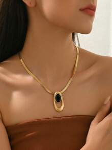 1 pieza Collar colgante elíptico asimétrico geométrico creativo, decoración de metal personalizada de diseño bicolor de acrílico, versátil para uso diario, festival, fiesta - Dorado - Ver 2