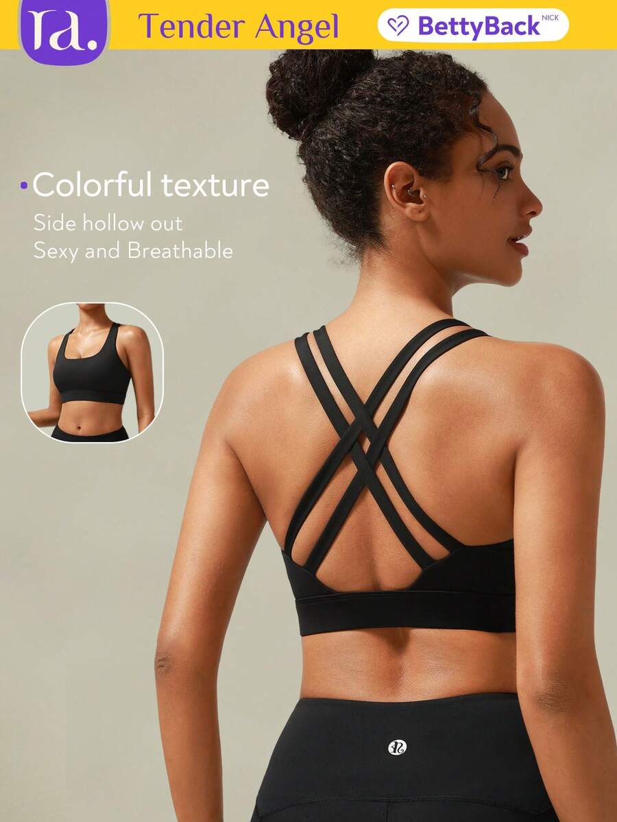 Sutiã esportivo feminino Tender Angel, cor nude, para ioga, corrida e fitness. Possui alças cruzadas que absorvem impactos e são ideais para atividades físicas e esportes. - Preto - Ver 1