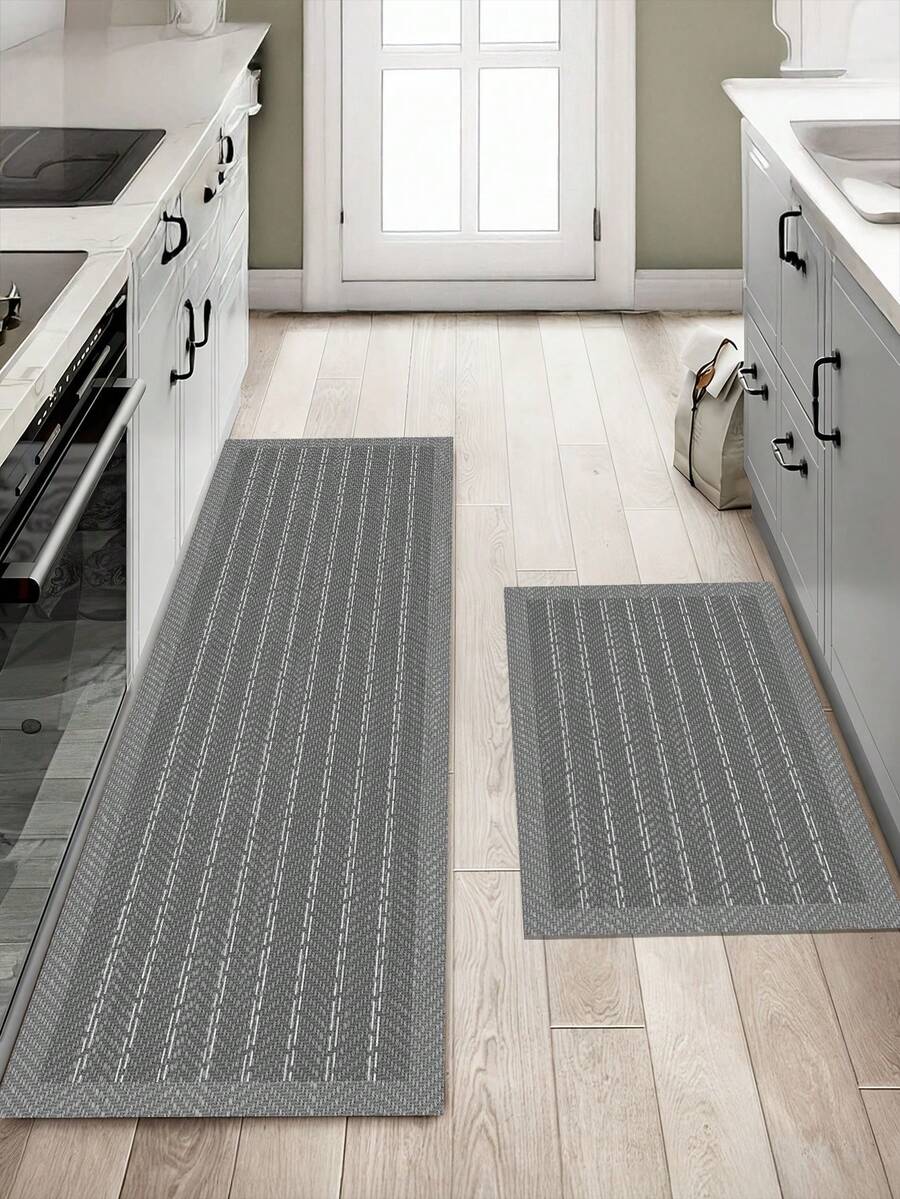 1 pieza Alfombra decorativa de cocina gris, estampado de rayas blancas minimalista, con respaldo antideslizante, apta para bañera, ducha, cocina, baño, dormitorio, sala de estar, felpudo, alfombra, para todas las estaciones - Gris - Ver 1