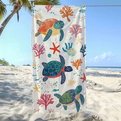 1条超柔软超细纤维沙滩巾 - 速干、轻便、吸水性强、防沙 - 复古风格海龟、珊瑚、贝壳海洋生物主题家居装饰，是旅行、游泳、健身、瑜伽、运动的理想之选 | 色彩鲜艳 | 速干面料