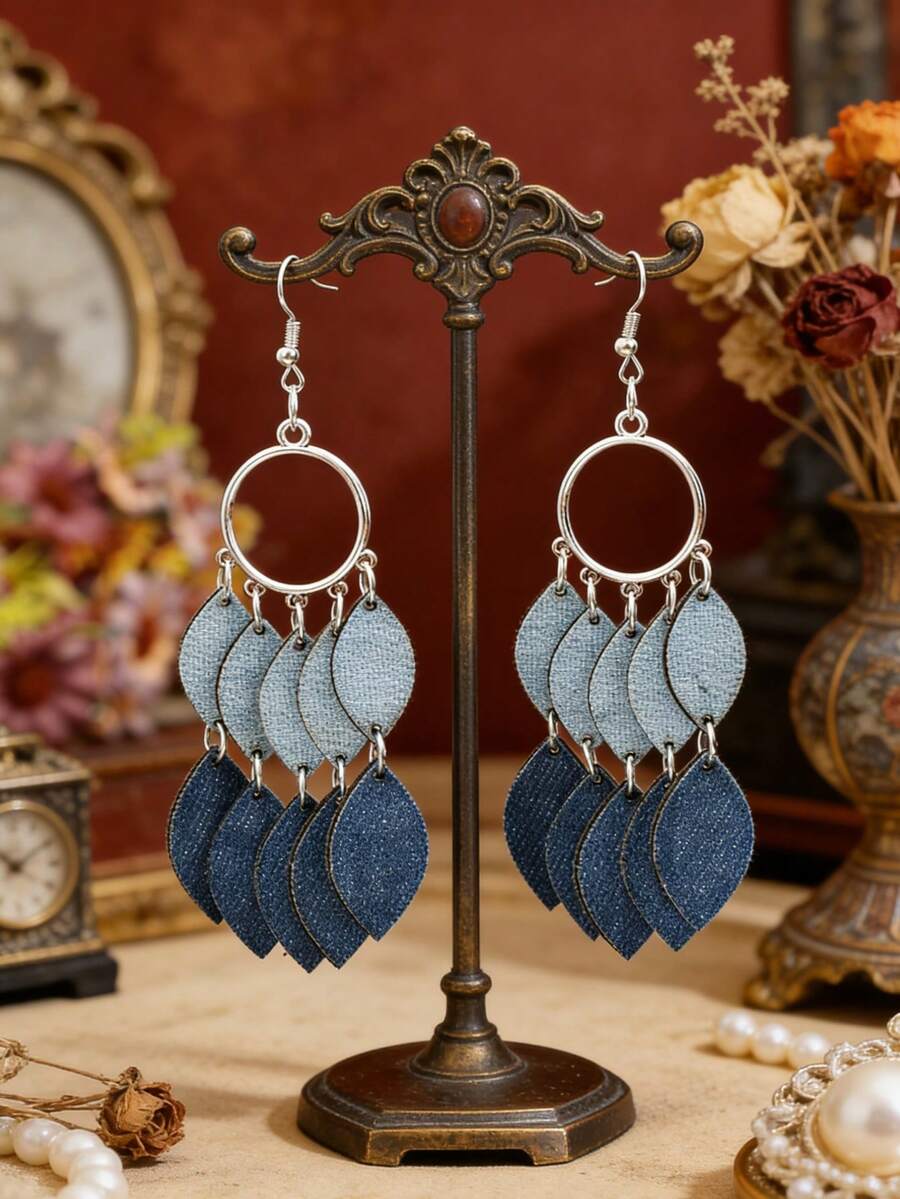 复古牛仔渐变蓝色流苏叶子耳环，波西米亚风长耳环 - 彩色 - 查看 1