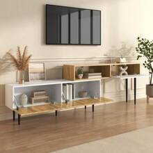 Modern TV Stand, Adjustable Length, Two-Piece Modular Design, Wood Grain Finish With Matte White Panel And Black Metal Legs, Multifunctional Living Room Furniture - Khaki - View 8