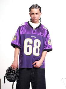 Camiseta casual unisex con gráfico de letras MT99, estilo hip hop de fútbol, chic callejero - Morado - Ver 2