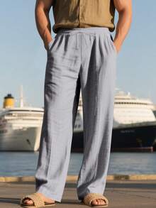 Pantalones deportivos casuales sueltos y transpirables de lino fino para hombres, adecuados para la playa, primavera/verano - Gris Claro - Ver 2