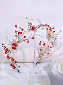 1pc Elegant Alloy Butterfly & Resin Flower Headband, Versatile Bridal Wedding Headpiece, Suitable For Daily, Holiday, Party, Prom Hair Accessory Hair Band Hair Hoop,Summer,Travel - Red - View 1