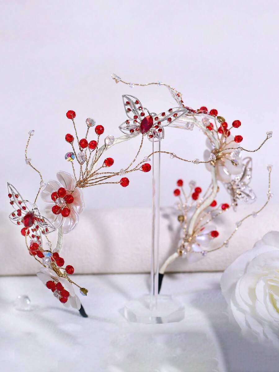 1pc Elegant Alloy Butterfly & Resin Flower Headband, Versatile Bridal Wedding Headpiece, Suitable For Daily, Holiday, Party, Prom Hair Accessory Hair Band Hair Hoop,Summer,Travel - Red - View 1
