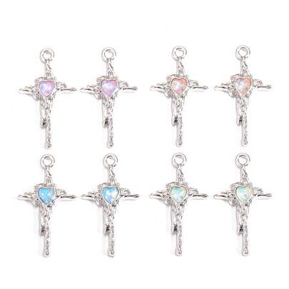 10个Y2K风格心形水晶十字架吊坠，适用于项链、手链、耳环等DIY手工饰品