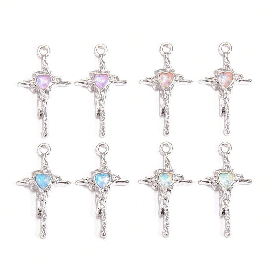 10个Y2K风格心形水晶十字架吊坠，适用于项链、手链、耳环等DIY手工饰品 - 銀色 - 查看 1