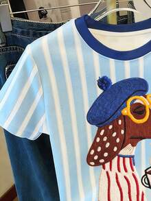 腊肠犬图案，女士夏季穿搭，女士沙滩装，女士休闲圆领短袖简约T恤 - 彩色 - 查看 4