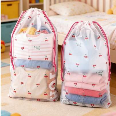 10pcs Cherry Pattern Transparent Plastic Storage Bags, Portable For Storing Children's Clothes And Pants, Suitable For Kids Room