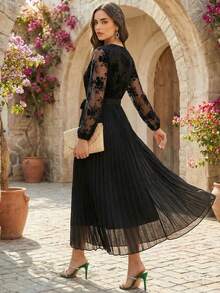 Elegant Women's Long Black Party Dress With Overlap Collar Long Sleeves Contrast Lace And Belted Pleated Flared Hem - Black - View 2