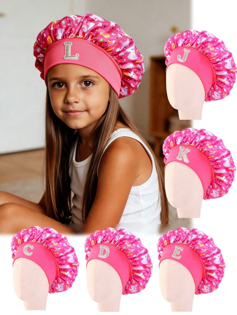 儿童缎面字母印花睡帽，时尚舒适，透气防滑，日常护发帽 - 彩色 - 查看 1