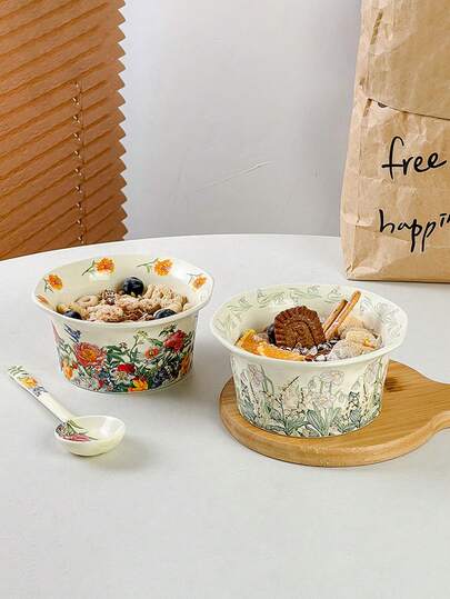 1pc Early Spring Floral Ceramic Bowl, Exquisite Floral Glaze Design, Can Be Used As Salad Bowl, Yogurt Bowl, Breakfast Bowl, Fruit Bowl, INS Style Tableware, Suitable For Kitchen, Living Room, Dining Room, School And Other Occasions